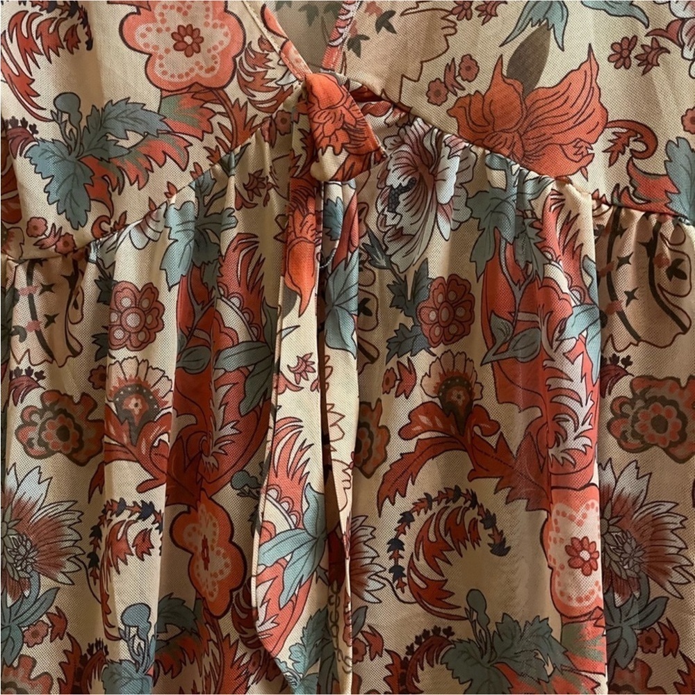 Red and Pink Floral Long Sleeve Blouse with Tie Front - Picture 4 of 5